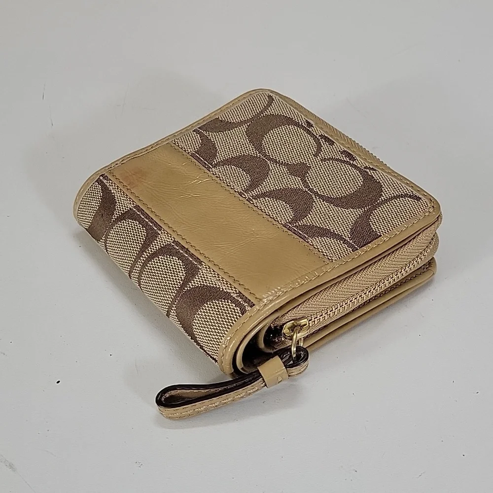 Coach Beige Signature Canvas Wallet with Tan Leather Trim